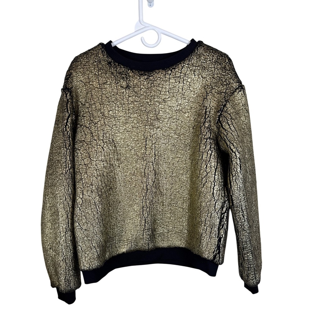 Eleven Paris Metallic Gold Crackle Print Pullover Sweatshirt‎ Women Size Large